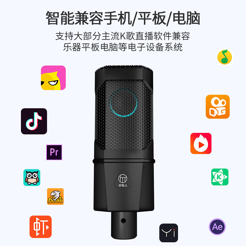 好牧人 带灯效声卡手机直播设备全民k歌麦克风套装抖电脑录音外置声卡话筒全套 炫酷声卡套设备【送高档铝箱+补光灯落地支架】V13