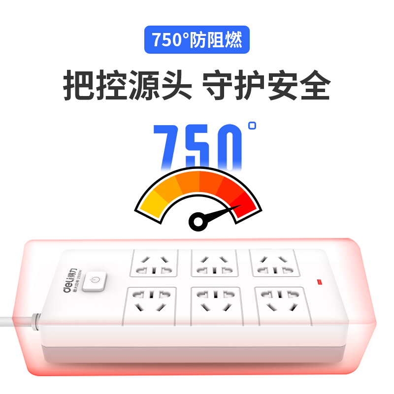 得力（deli）新国标安全插座/插排/插线板/接线板/排插/拖线板 总控开关 儿童保护门 6组合孔3米 18260_http://www.chuangxinoa.com/img/images/C202104/1618302266645.jpg
