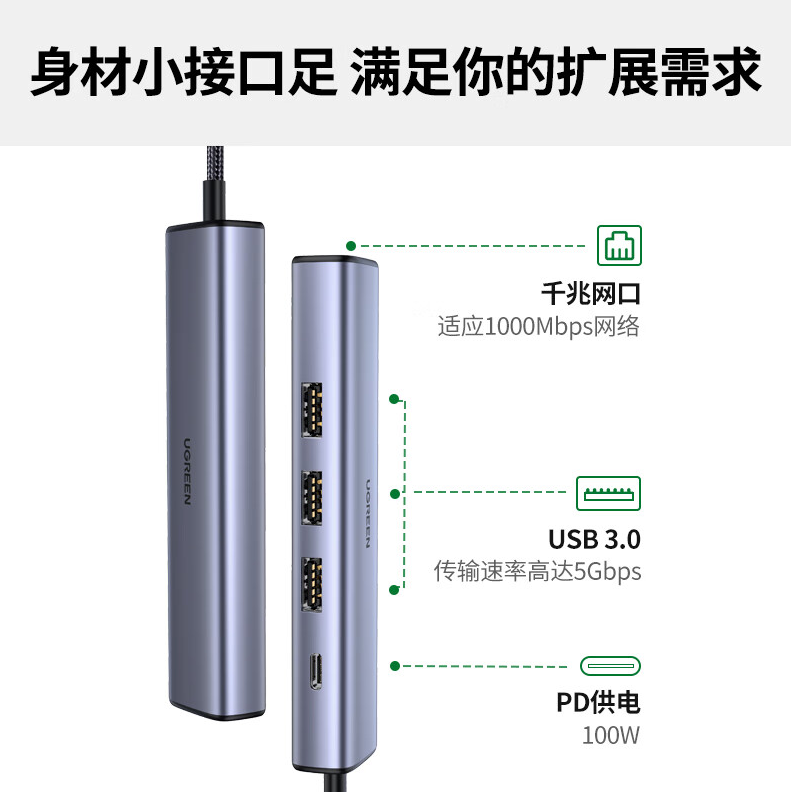 绿联 Type-C扩展坞拓展坞网线转接头带千兆网口转USB3.0分线器雷电3/4通用五合一20932