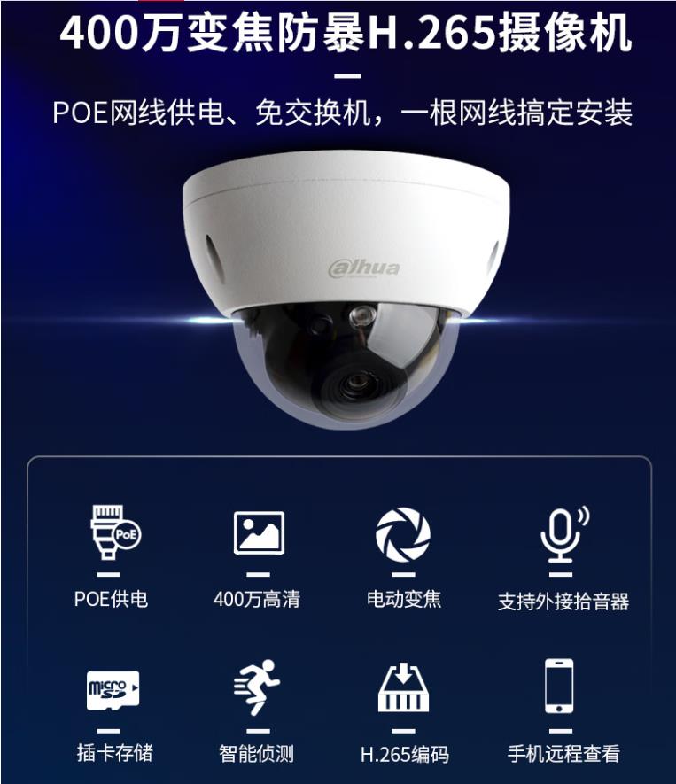 dahua(大华）监控摄像头 400万POE网线供电高清电动变焦半球网络 录音摄像头 DH-IPC-HDBW2433R-ZAS